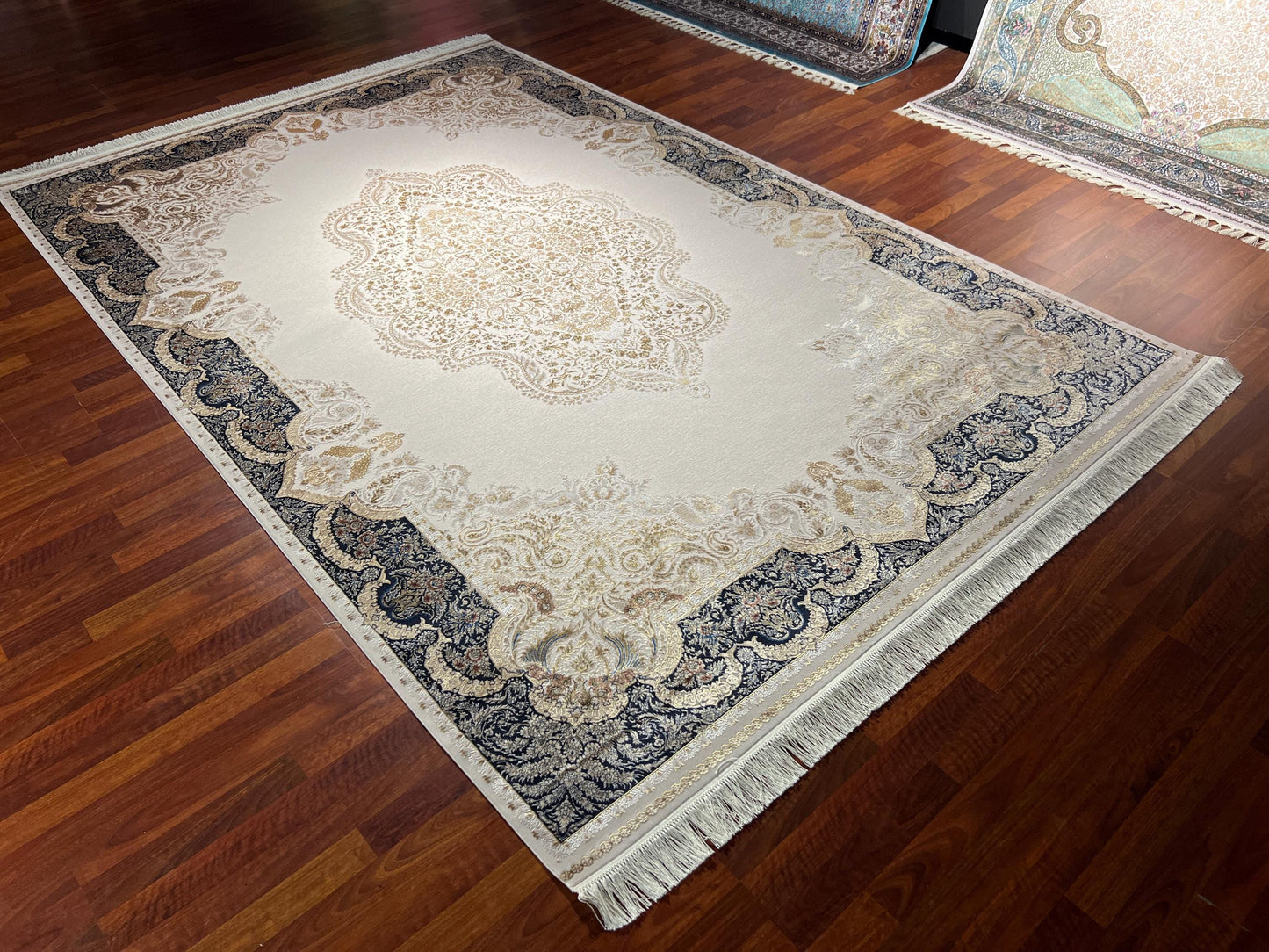 7x10 Classic Silk Rug, Beige Blue Elegant Area Rug, Luxury Silk Carpet, Ornamental Living Room Rug