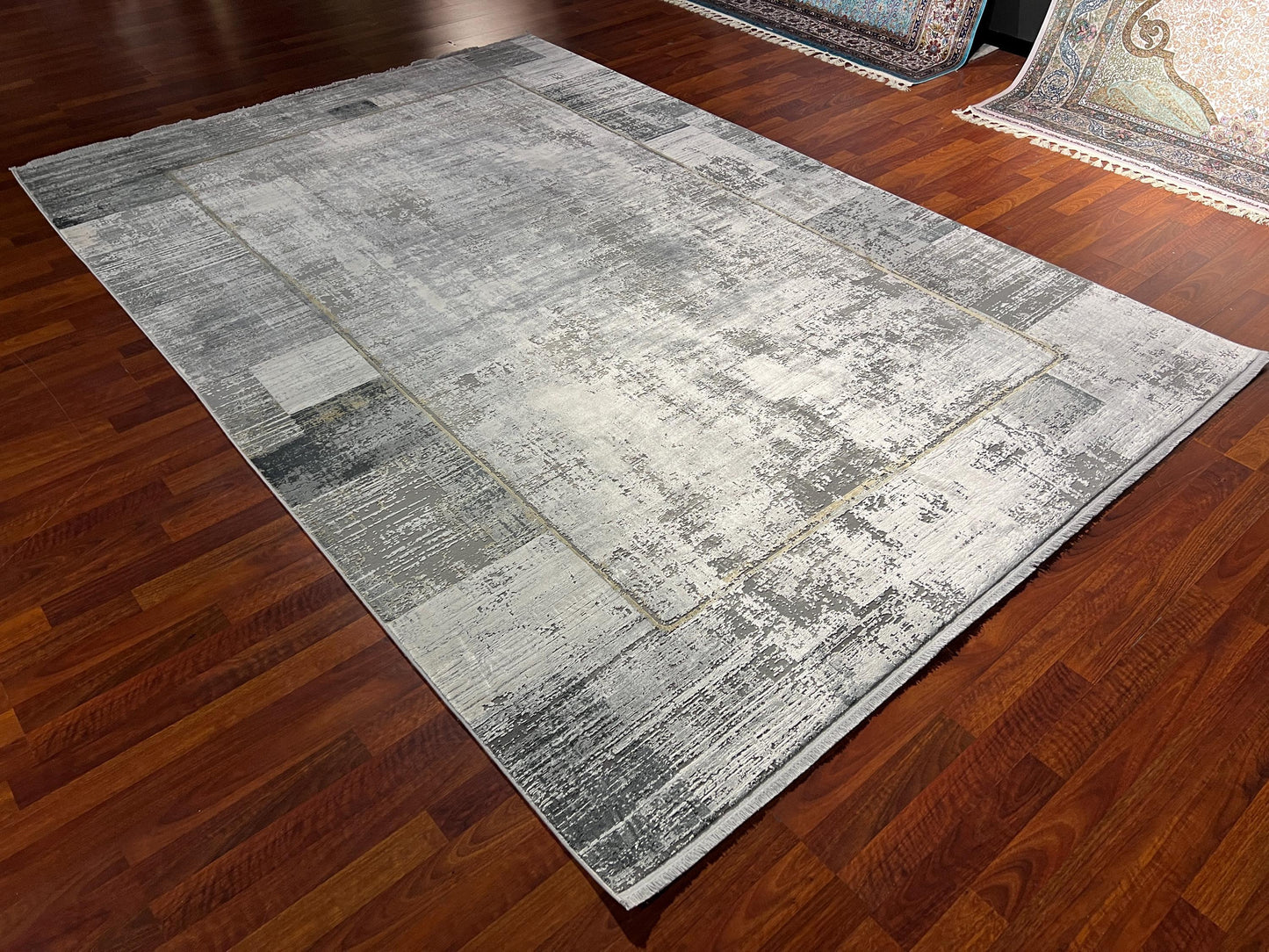 7x10 Modern Gray Rug, Minimalist Bamboo Acrylic Carpet, Abstract Textured Area Rug, Contemporary Living Room Rug