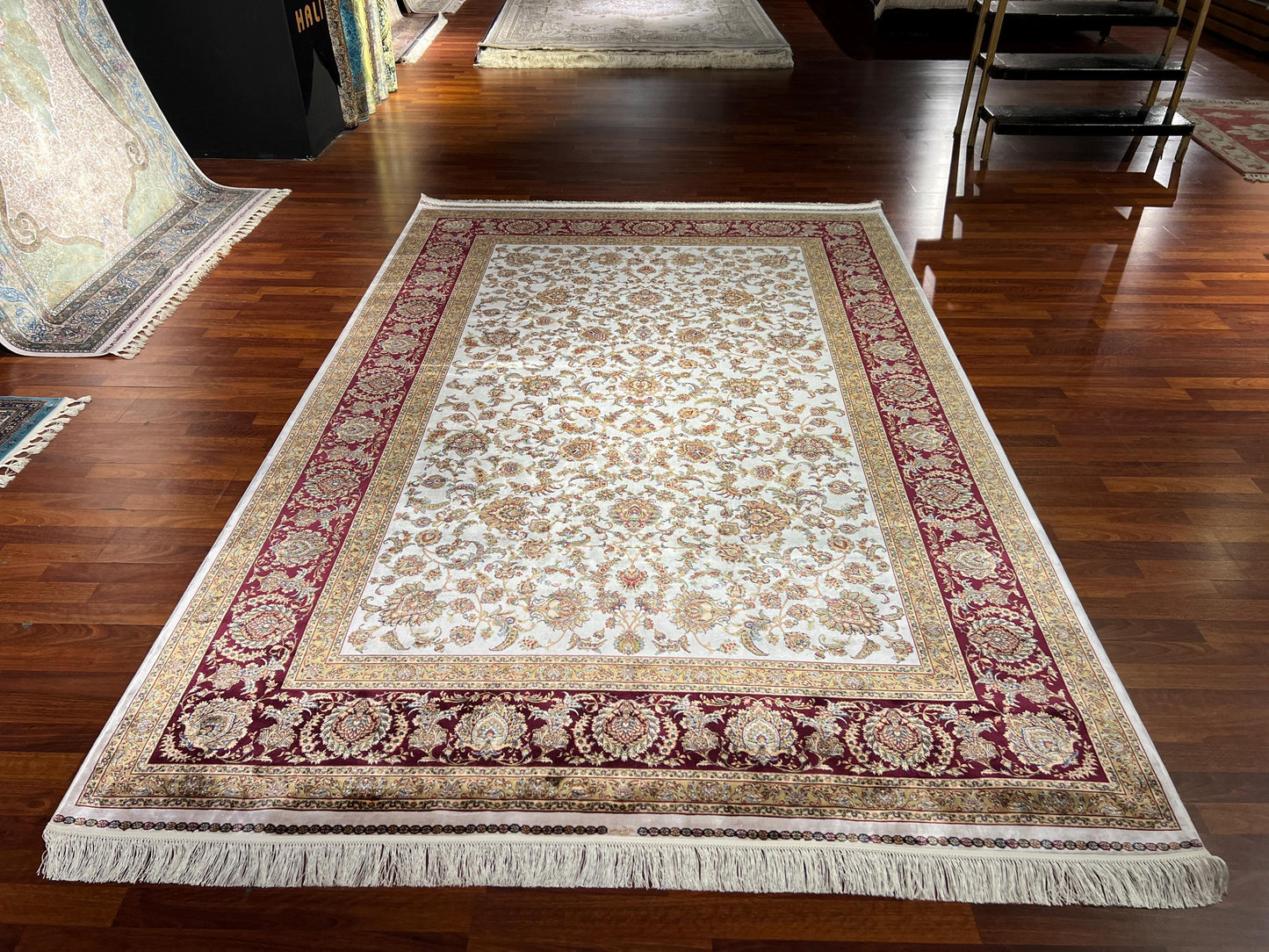 7x10 Beige Red Silk Rug, Elegant Floral Area Rug, Luxury Modal Silk Carpet, Classic Living Room Rug
