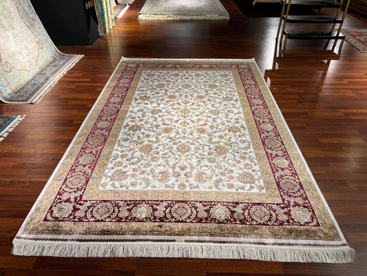7x10 Beige Red Silk Rug, Elegant Floral Area Rug, Luxury Modal Silk Carpet, Classic Living Room Rug