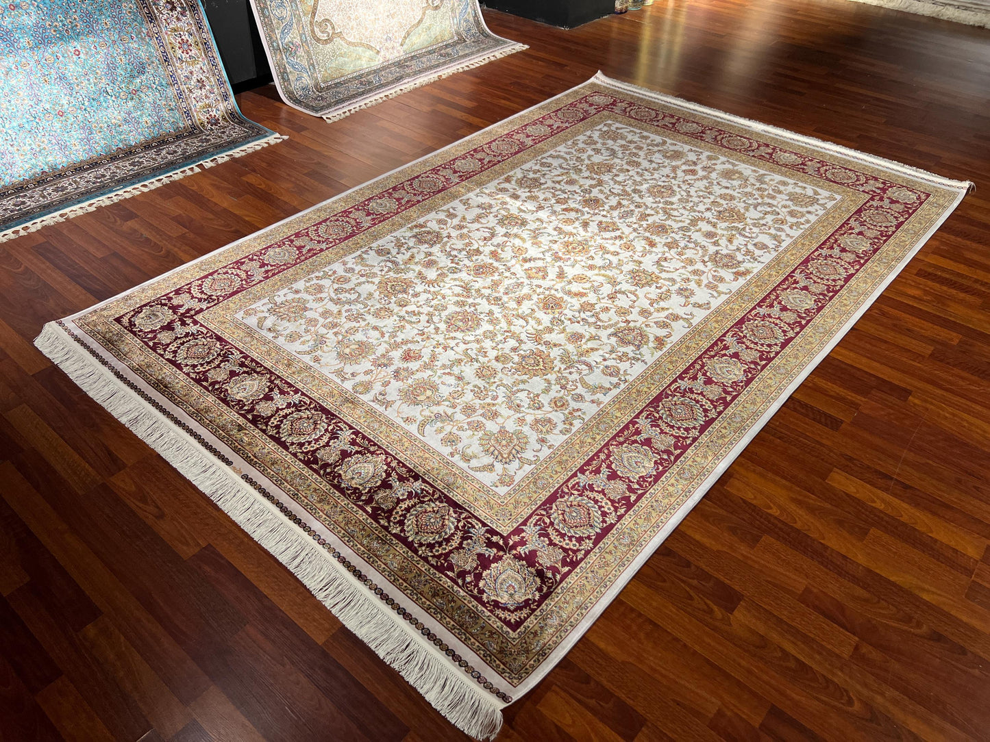 7x10 Beige Red Silk Rug, Elegant Floral Area Rug, Luxury Modal Silk Carpet, Classic Living Room Rug