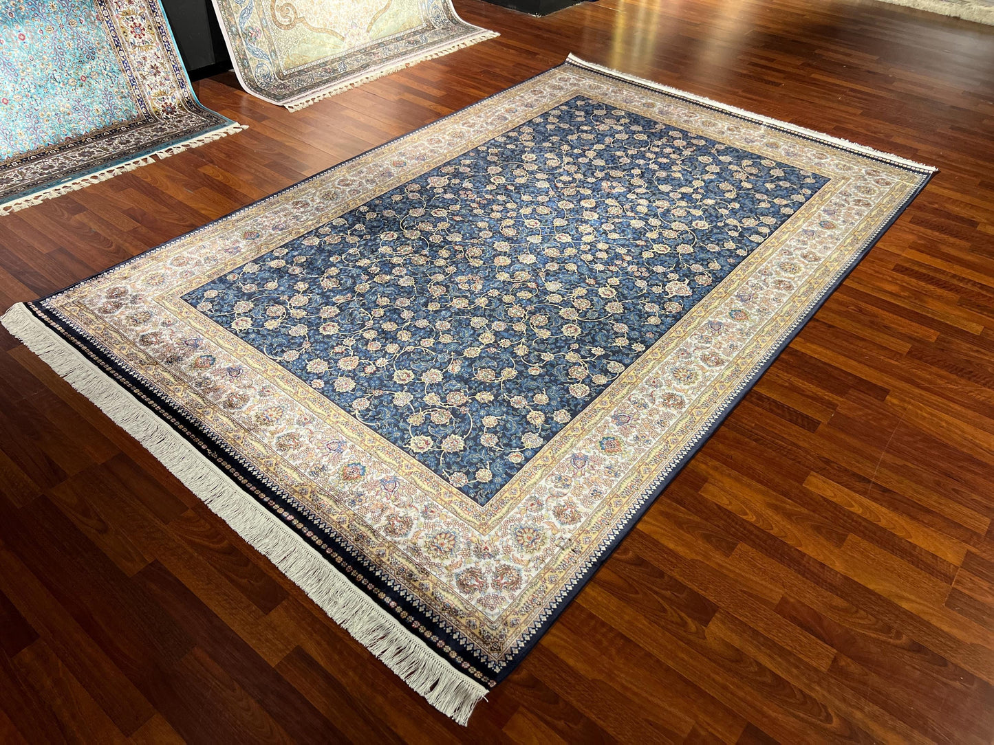 7x10 Blue Gold Silk Rug, Elegant Floral Area Rug, Luxury Bamboo Silk Carpet, Classic Living Room Rug