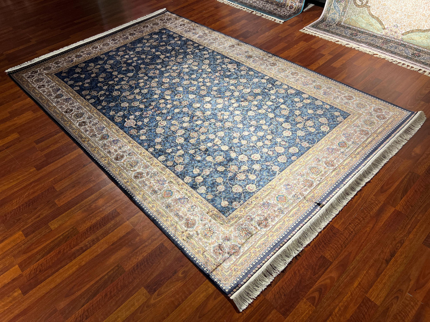 7x10 Blue Gold Silk Rug, Elegant Floral Area Rug, Luxury Bamboo Silk Carpet, Classic Living Room Rug