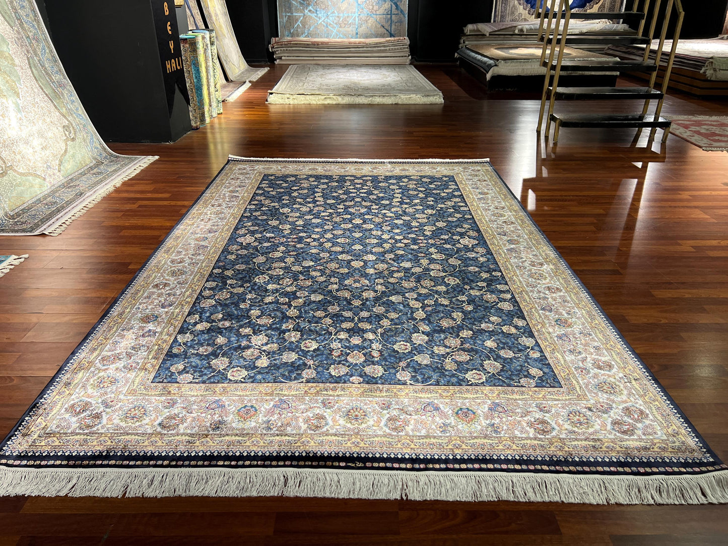 7x10 Blue Gold Silk Rug, Elegant Floral Area Rug, Luxury Bamboo Silk Carpet, Classic Living Room Rug