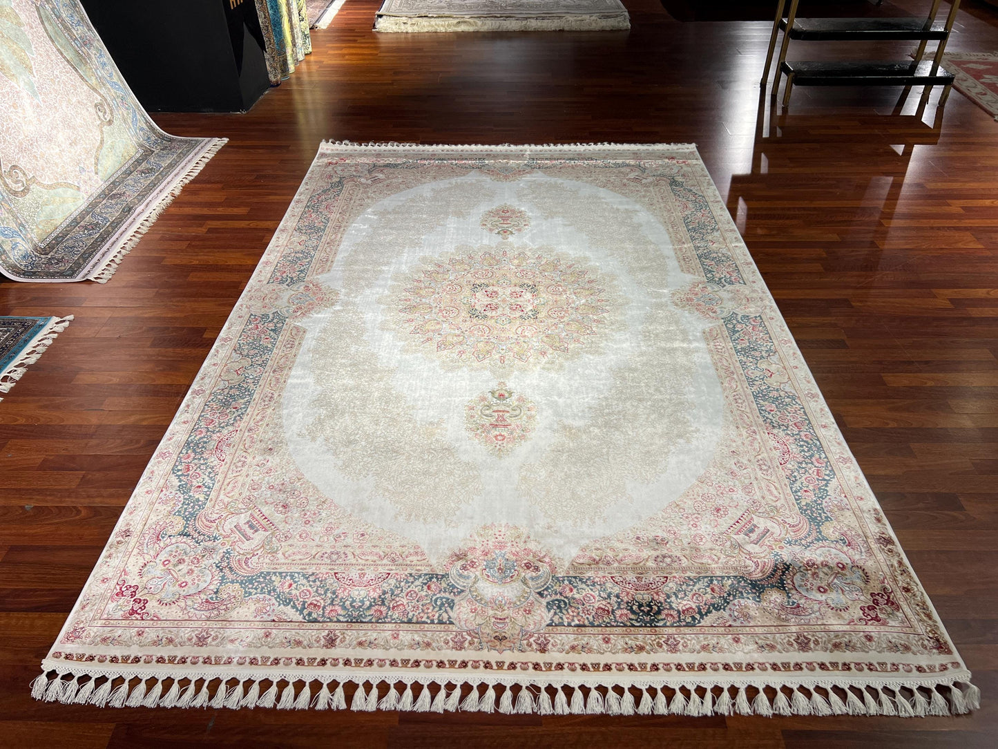 7x10 Cream Blue Silk Rug, Elegant Medallion Area Rug, Luxury Silk Carpet, Classic Living Room Rug