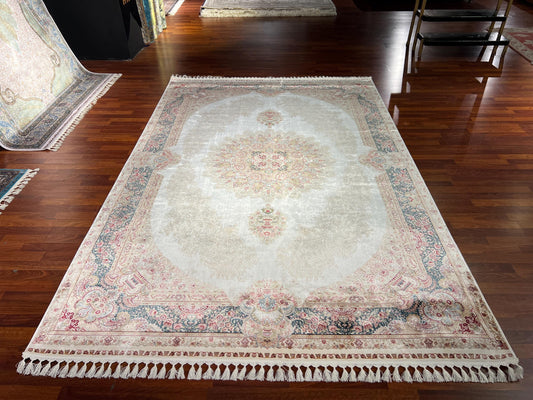 7x10 Cream Blue Silk Rug, Elegant Medallion Area Rug, Luxury Silk Carpet, Classic Living Room Rug