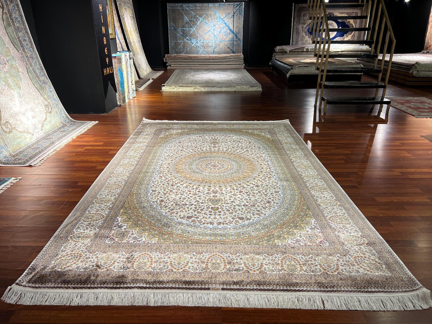 7x10 Beige Medallion Silk Rug, Elegant Floral Area Rug, Luxury Bamboo Silk Carpet, Classic Living Room Rug