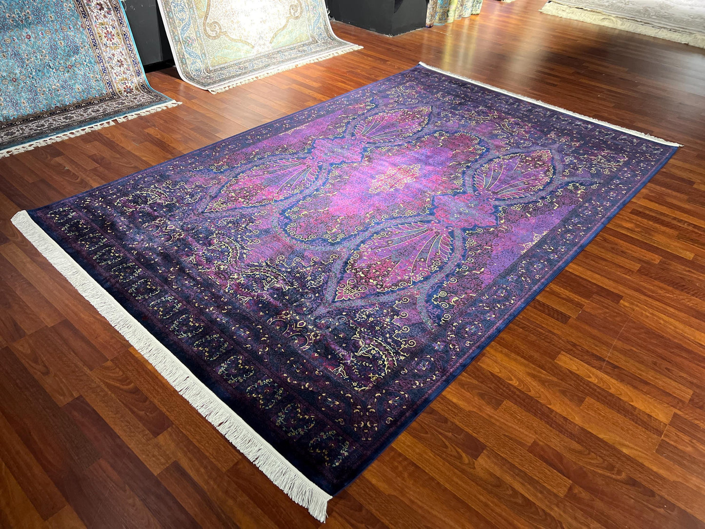 7x10 Purple Silk Rug, Luxury Oversized Area Rug, Elegant Ornamental Carpet, Statement Living Room Rug