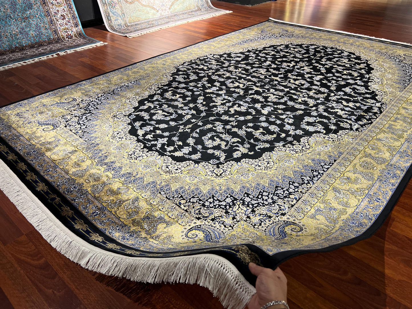 7x10 Black Gold Silk Rug, Luxury Medallion Area Rug, Elegant Oversized Silk Carpet, Classic Living Room Rug