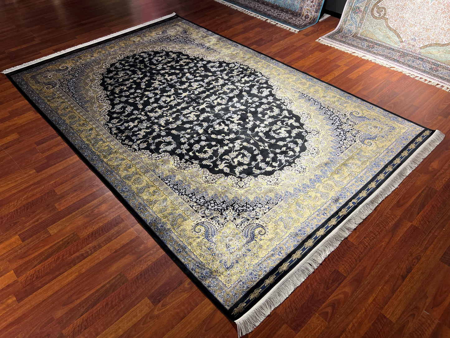 7x10 Black Gold Silk Rug, Luxury Medallion Area Rug, Elegant Oversized Silk Carpet, Classic Living Room Rug