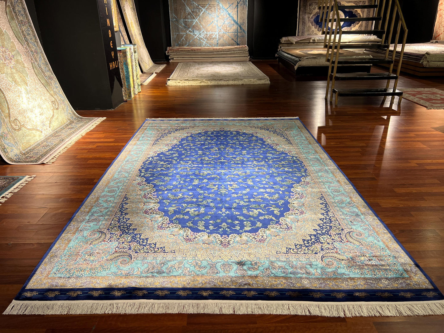 7x10 Blue Silk Rug, Luxury Medallion Area Rug, Oversized Elegant Silk Carpet, Classic Living Room Rug