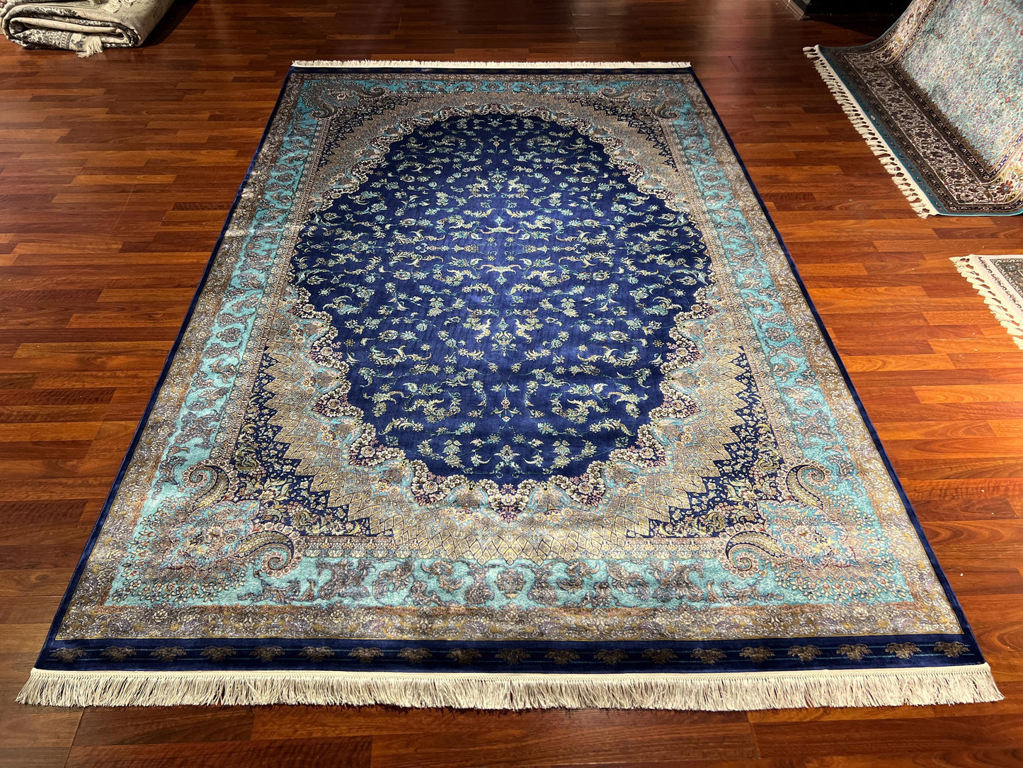 7x10 Blue Silk Rug, Luxury Medallion Area Rug, Oversized Elegant Silk Carpet, Classic Living Room Rug