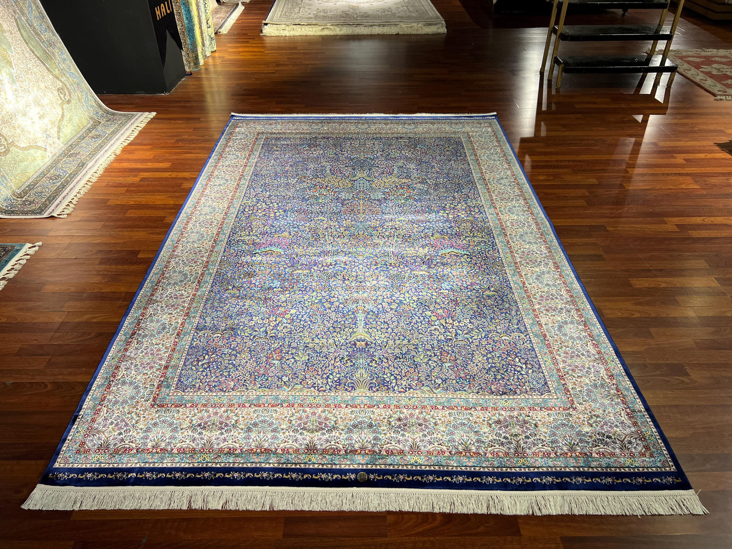 7x10 Soft Blue Silk Rug, Dense Floral Luxury Rug, Oversized Elegant Silk Carpet, Classic Living Room Rug