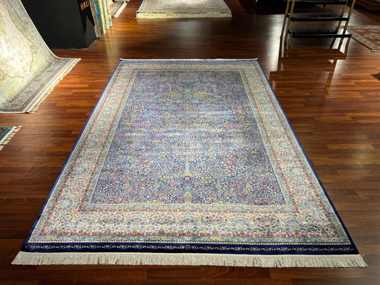 7x10 Soft Blue Silk Rug, Dense Floral Luxury Rug, Oversized Elegant Silk Carpet, Classic Living Room Rug