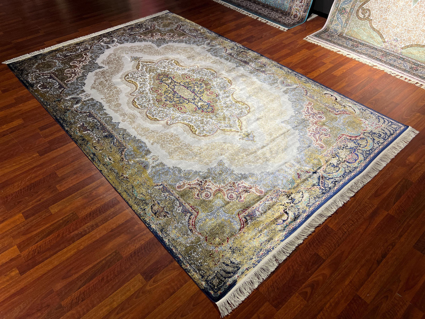 7x10 Gold Beige Silk Rug, Elegant Medallion Area Rug, Luxury Oversized Silk Carpet, Classic Living Room Rug