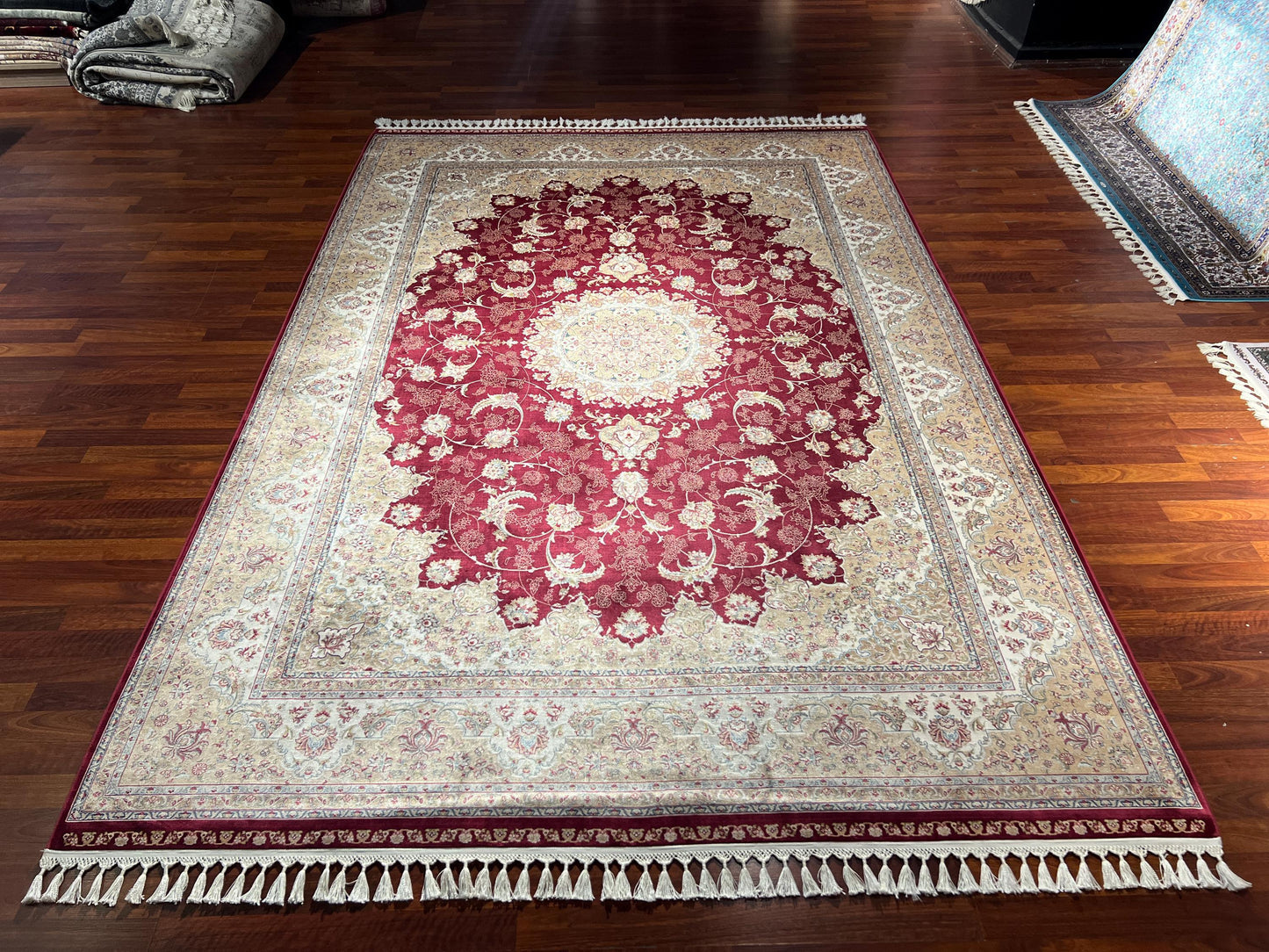 7x10 Red Beige Silk Rug, Elegant Medallion Area Rug, Luxury Oversized Silk Carpet, Classic Living Room Rug