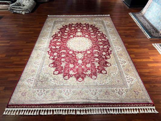 7x10 Red Beige Silk Rug, Elegant Medallion Area Rug, Luxury Oversized Silk Carpet, Classic Living Room Rug