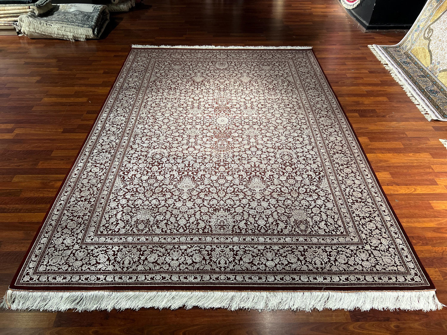 Burgundy Silk Rug 7x10, Luxury Living Room Rug, Palace Silk Carpet, Turkish Silk Rug, Large Rug