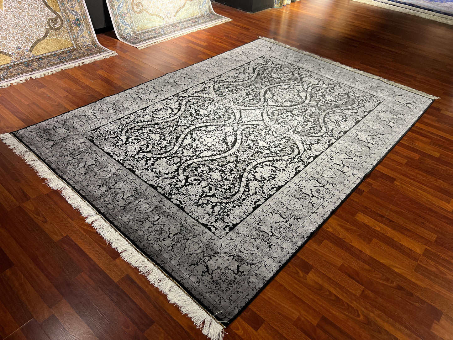 Gray Black Silk Rug 7x10, Luxury Living Room Rug, Palace Silk Carpet, Turkish Silk Rug, Large Rug