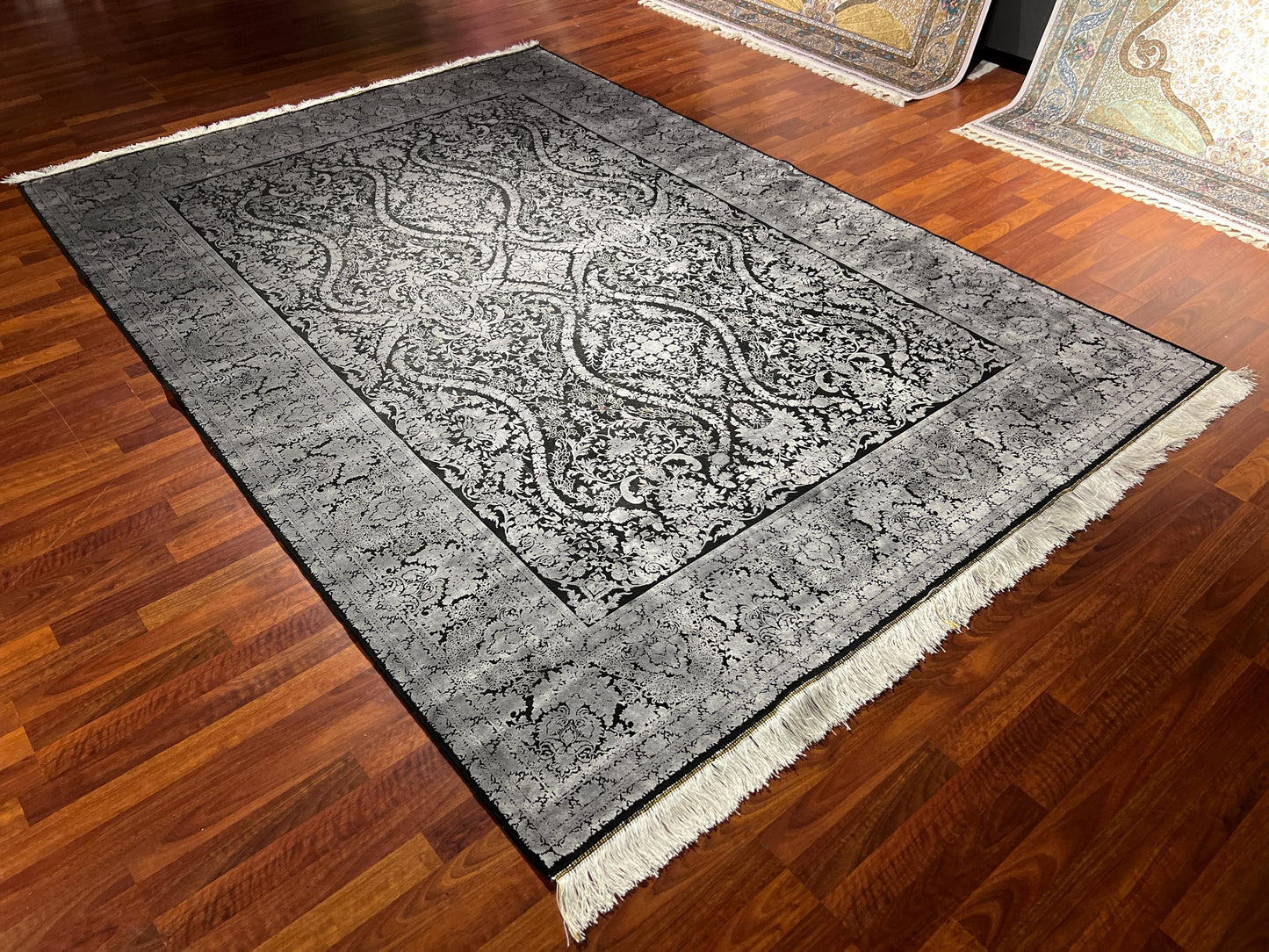 Gray Black Silk Rug 7x10, Luxury Living Room Rug, Palace Silk Carpet, Turkish Silk Rug, Large Rug