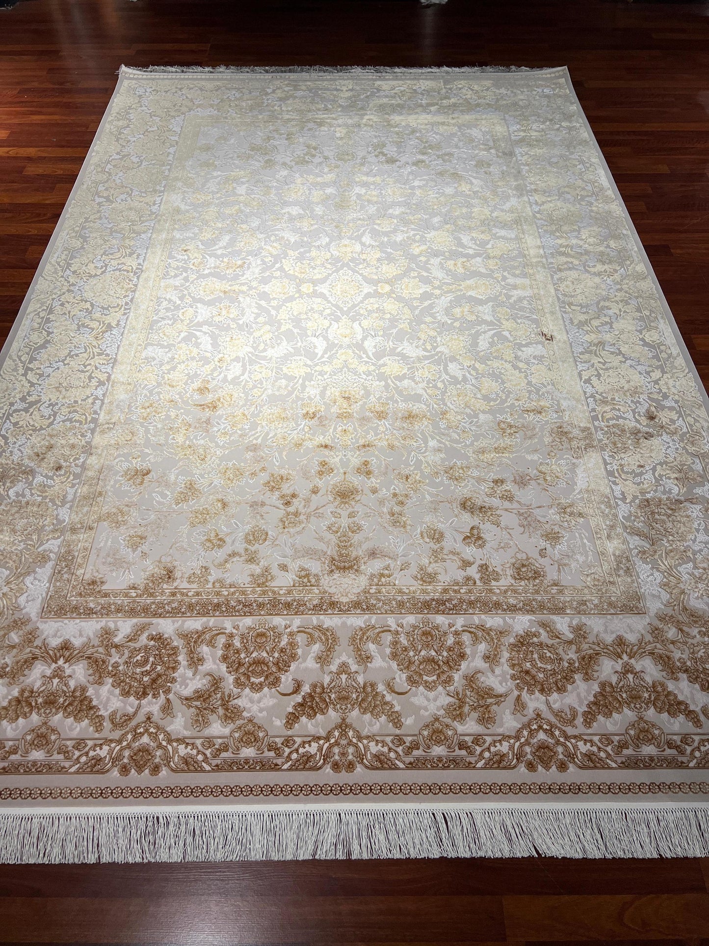 7x10 ft Gold Beige Silk Rug, Luxury Large Area Rug, Elegant Floral Living Room Rug, Classic Decorative Carpet