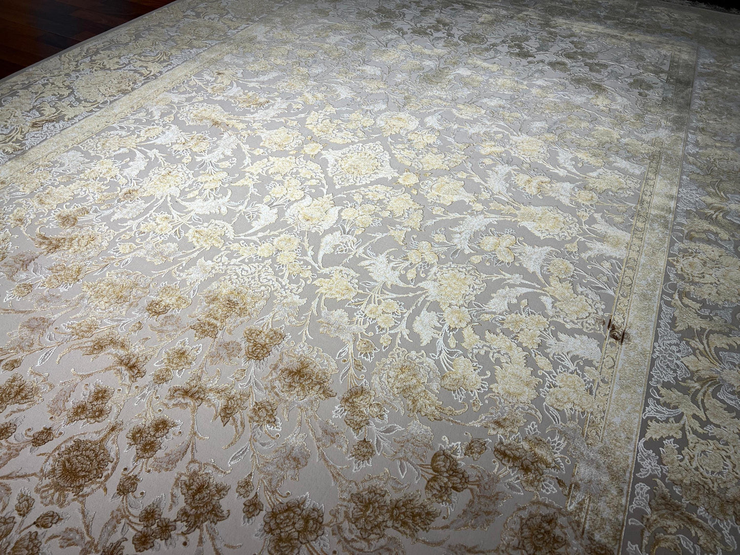 7x10 ft Gold Beige Silk Rug, Luxury Large Area Rug, Elegant Floral Living Room Rug, Classic Decorative Carpet