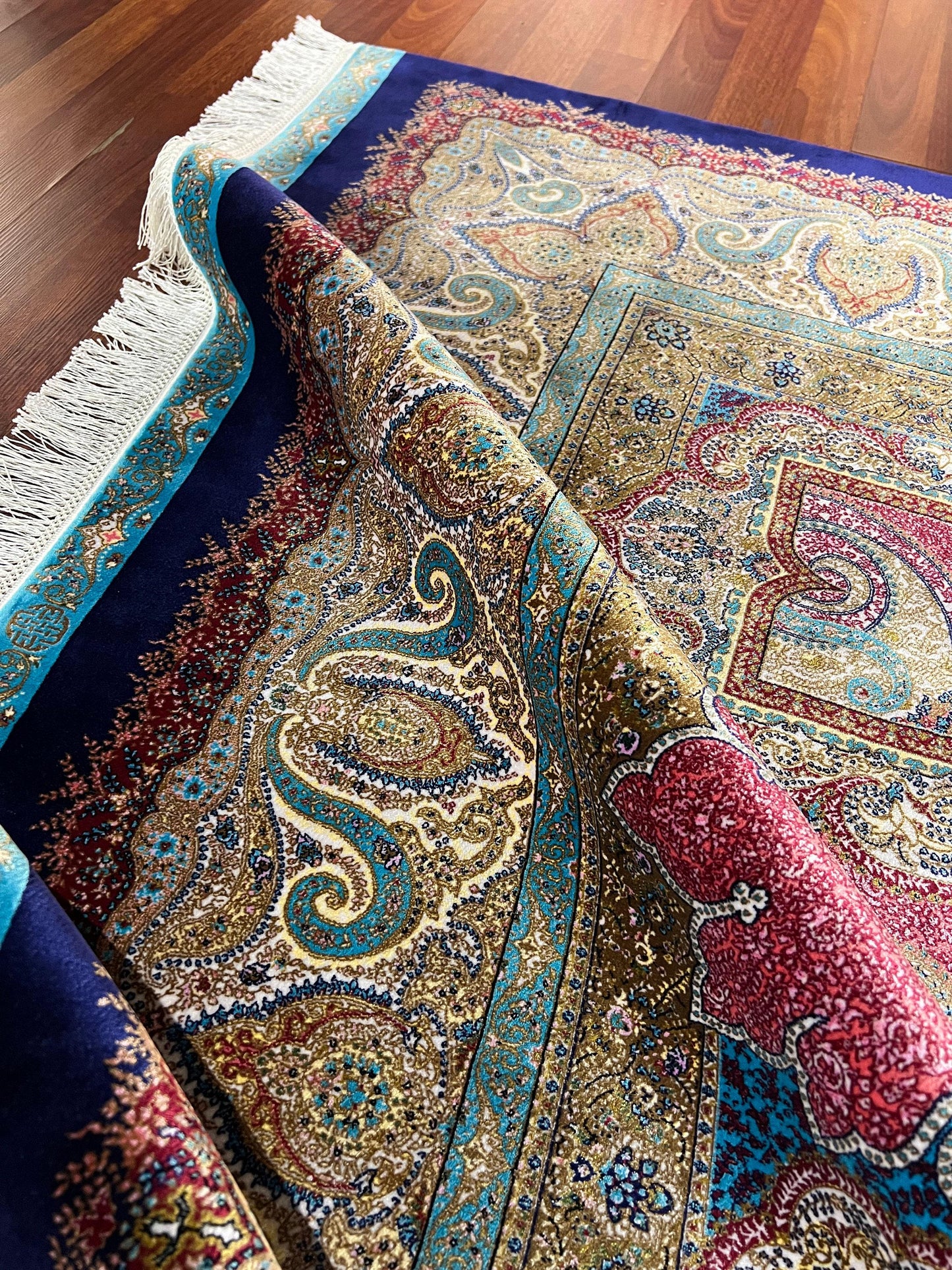 7x10 ft Pink Blue Silk Rug, Luxury Large Area Rug, Elegant Floral Living Room Rug, Classic Decorative Carpet