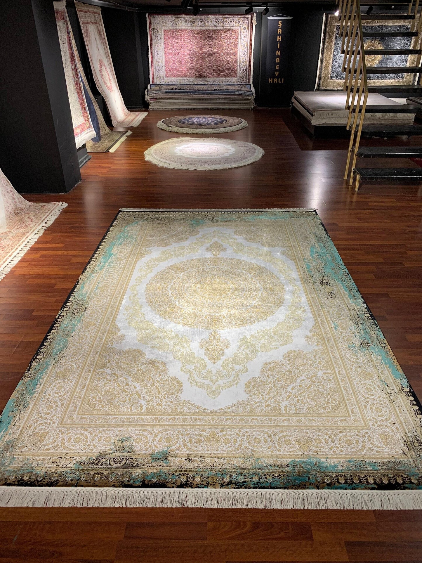 7x10 ft Gold Green Silk Rug, Luxury Large Area Rug, Elegant Medallion Living Room Rug, Classic Decorative Carpet