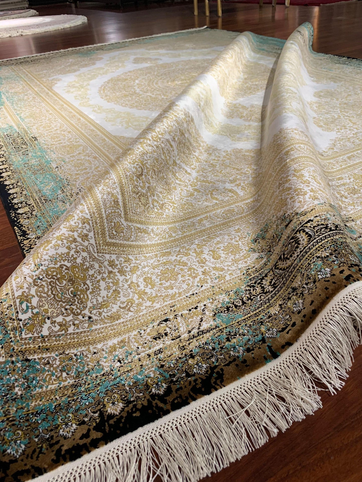 7x10 ft Gold Green Silk Rug, Luxury Large Area Rug, Elegant Medallion Living Room Rug, Classic Decorative Carpet