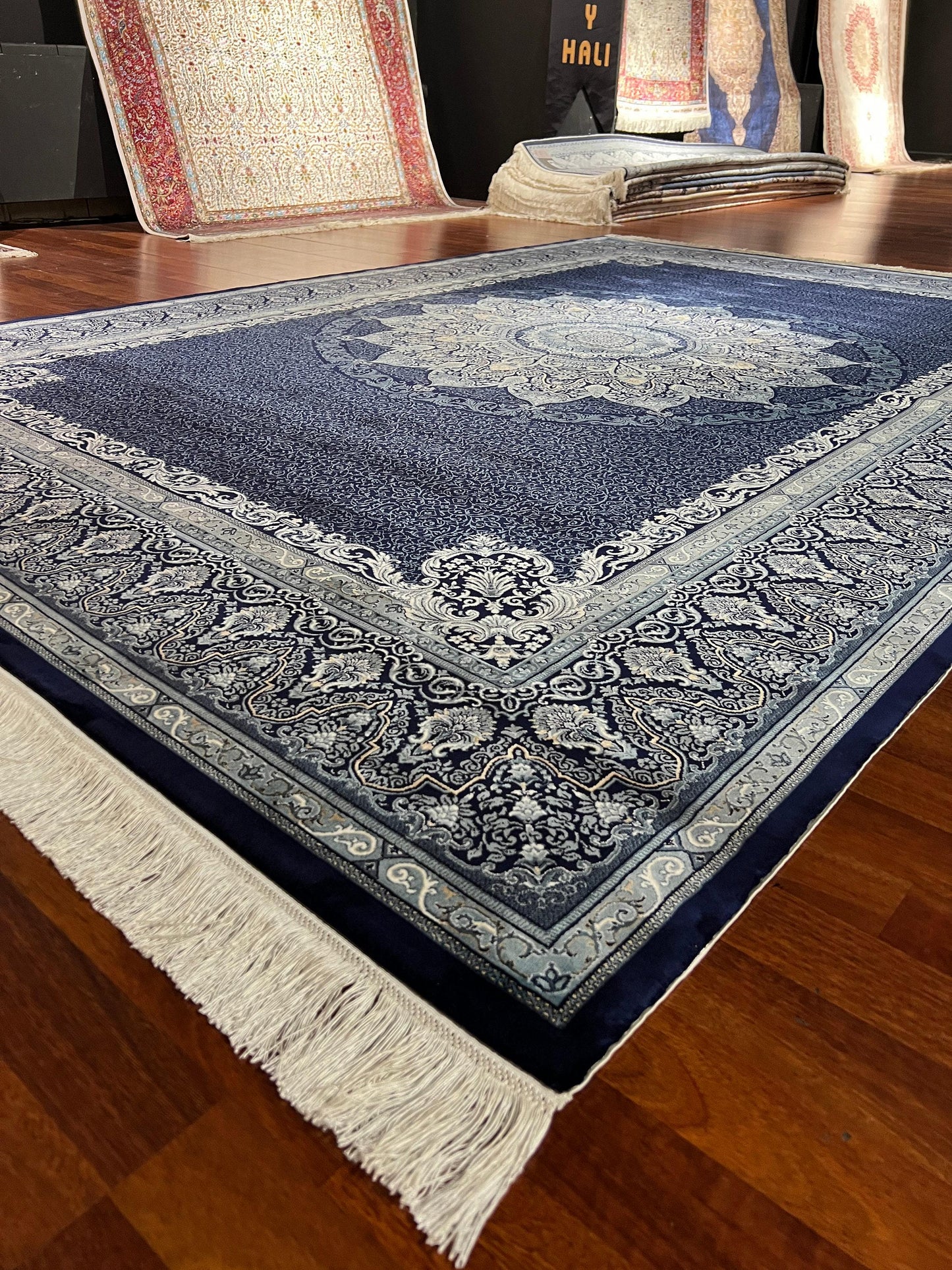 7x10 ft Navy Blue Silk Rug, Luxury Large Area Rug, Elegant Medallion Living Room Rug, Classic Decorative Carpet