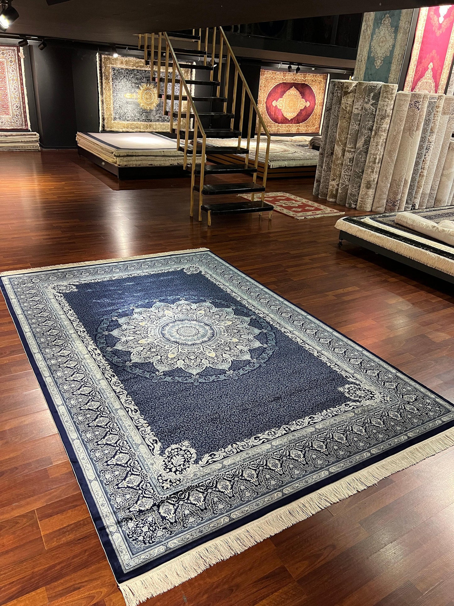 7x10 ft Navy Blue Silk Rug, Luxury Large Area Rug, Elegant Medallion Living Room Rug, Classic Decorative Carpet