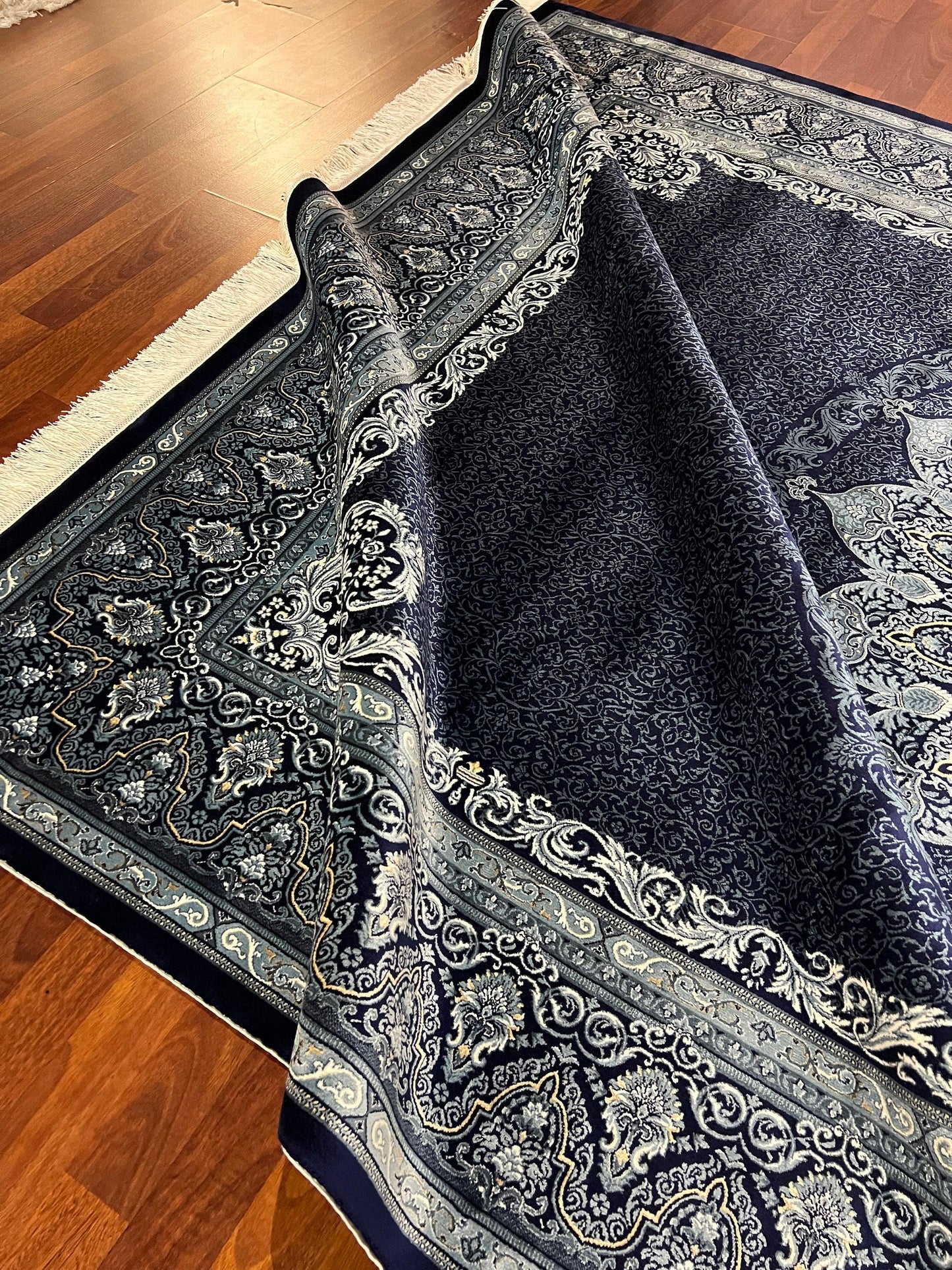 7x10 ft Navy Blue Silk Rug, Luxury Large Area Rug, Elegant Medallion Living Room Rug, Classic Decorative Carpet