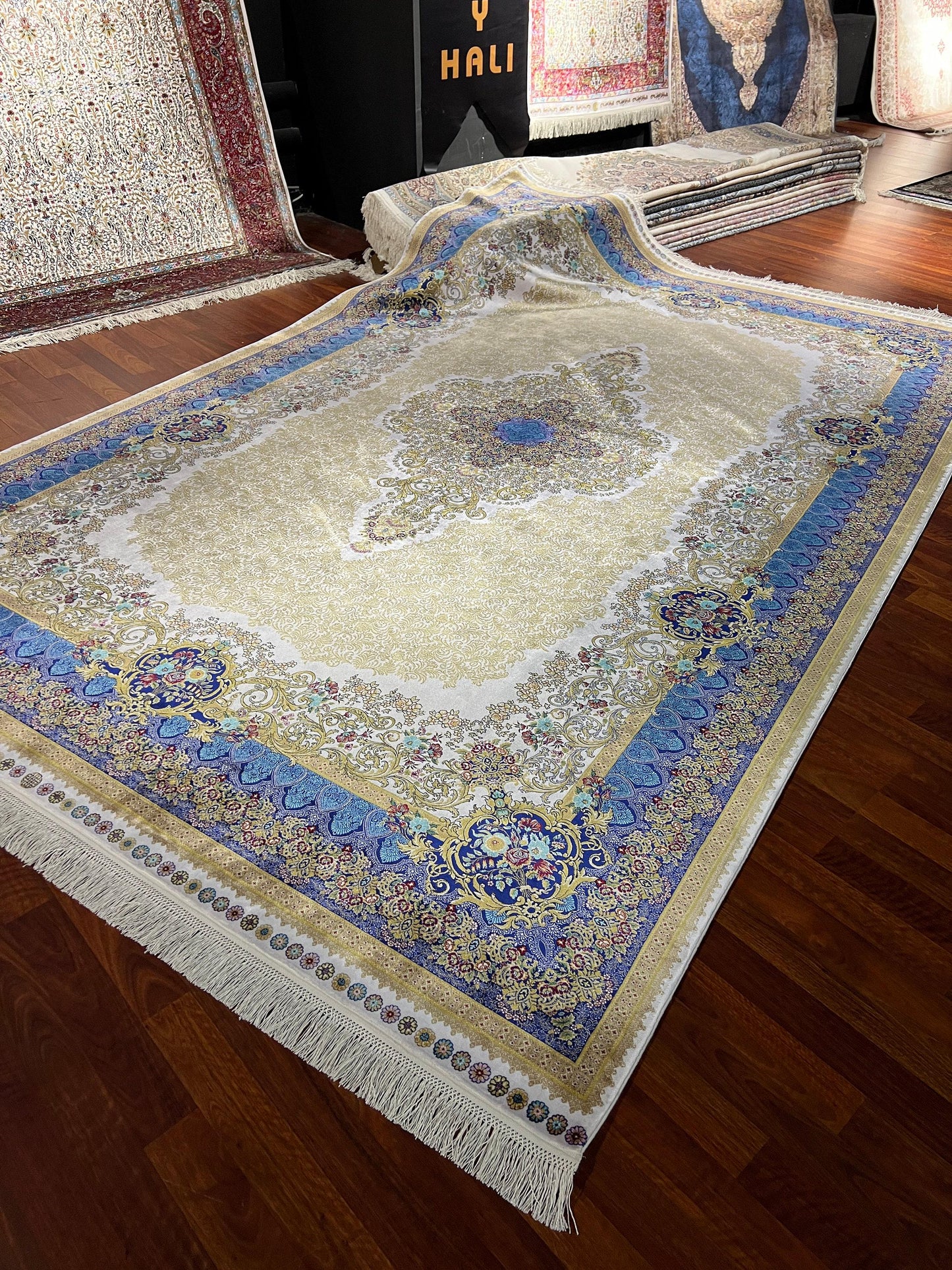 7x10 ft Blue Beige Silk Rug, Luxury Large Area Rug, Elegant Medallion Living Room Rug, Classic Decorative Carpet