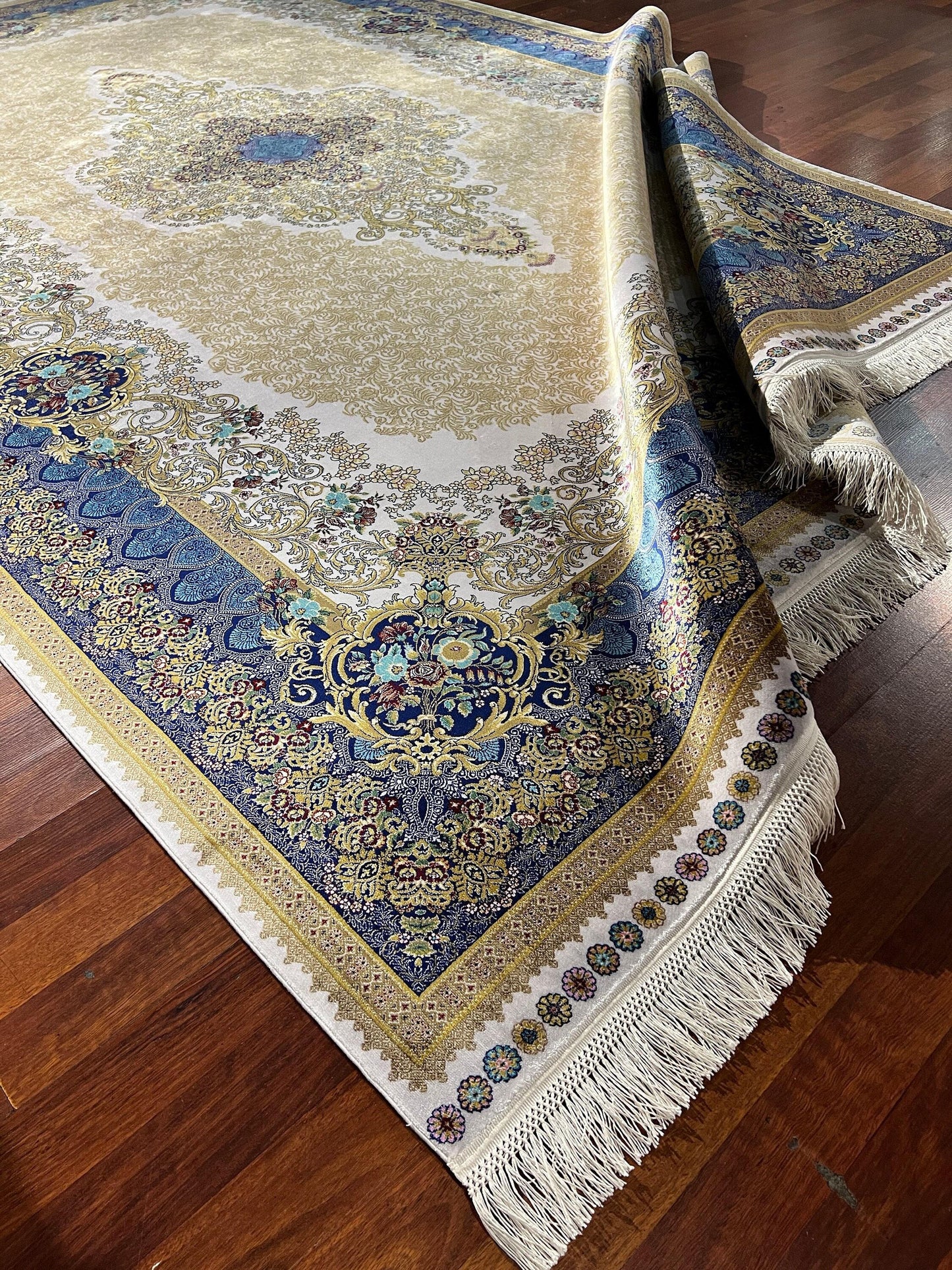 7x10 ft Blue Beige Silk Rug, Luxury Large Area Rug, Elegant Medallion Living Room Rug, Classic Decorative Carpet