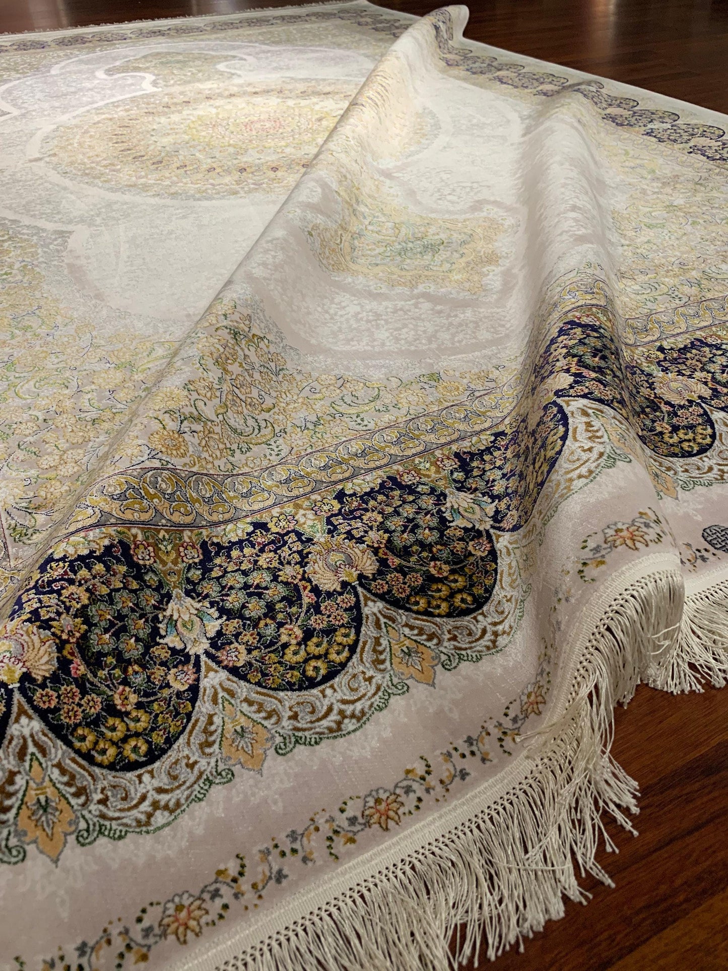7x10 ft Beige Silk Rug, Luxury Large Area Rug, Elegant Medallion Living Room Rug, Classic Decorative Carpet