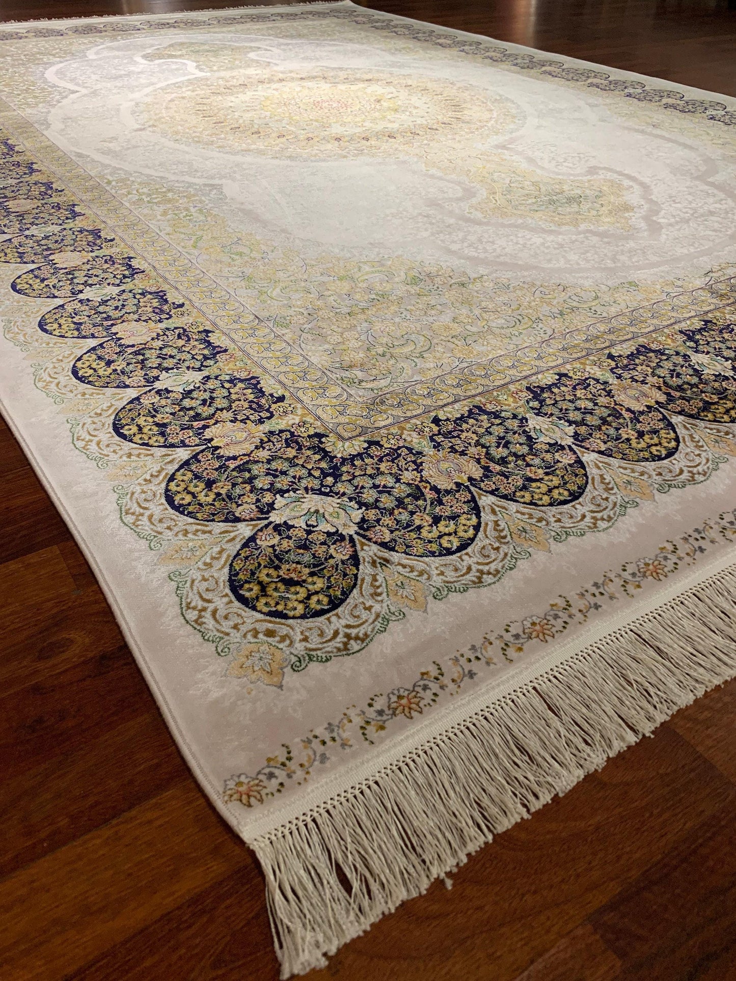 7x10 ft Beige Silk Rug, Luxury Large Area Rug, Elegant Medallion Living Room Rug, Classic Decorative Carpet