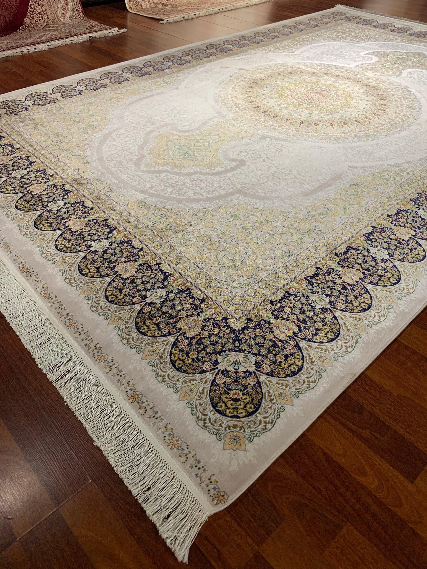 7x10 ft Beige Silk Rug, Luxury Large Area Rug, Elegant Medallion Living Room Rug, Classic Decorative Carpet