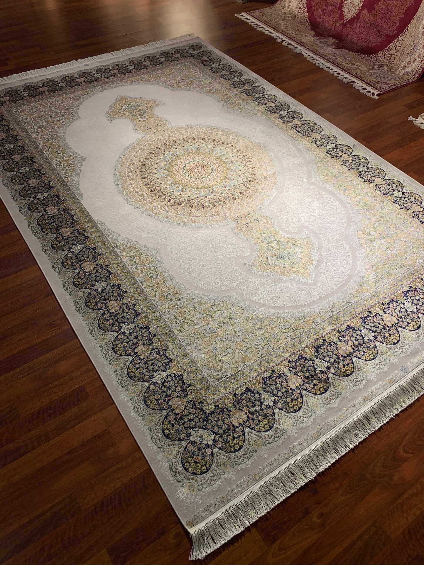 7x10 ft Beige Silk Rug, Luxury Large Area Rug, Elegant Medallion Living Room Rug, Classic Decorative Carpet