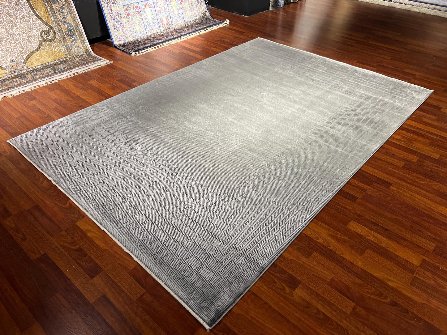 Gray Modern Rug 7x10, Geometric Living Room Rug, Bamboo Acrylic Carpet, Minimalist Large Rug