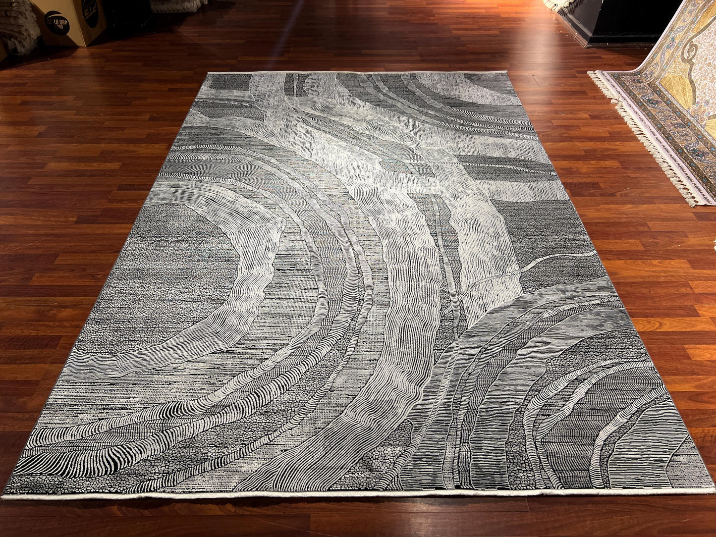 Gray Modern Rug 7x10, Abstract Living Room Rug, Bamboo Acrylic Carpet, Large Contemporary Rug
