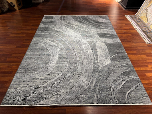 Gray Modern Rug 7x10, Abstract Living Room Rug, Bamboo Acrylic Carpet, Large Contemporary Rug