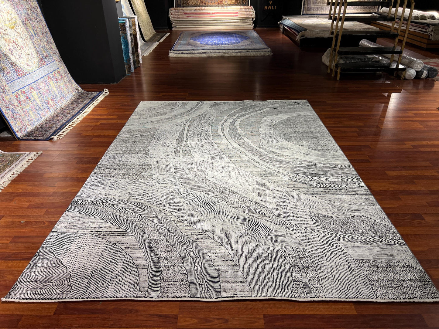 Gray Modern Rug 7x10, Abstract Living Room Rug, Bamboo Acrylic Carpet, Large Contemporary Rug
