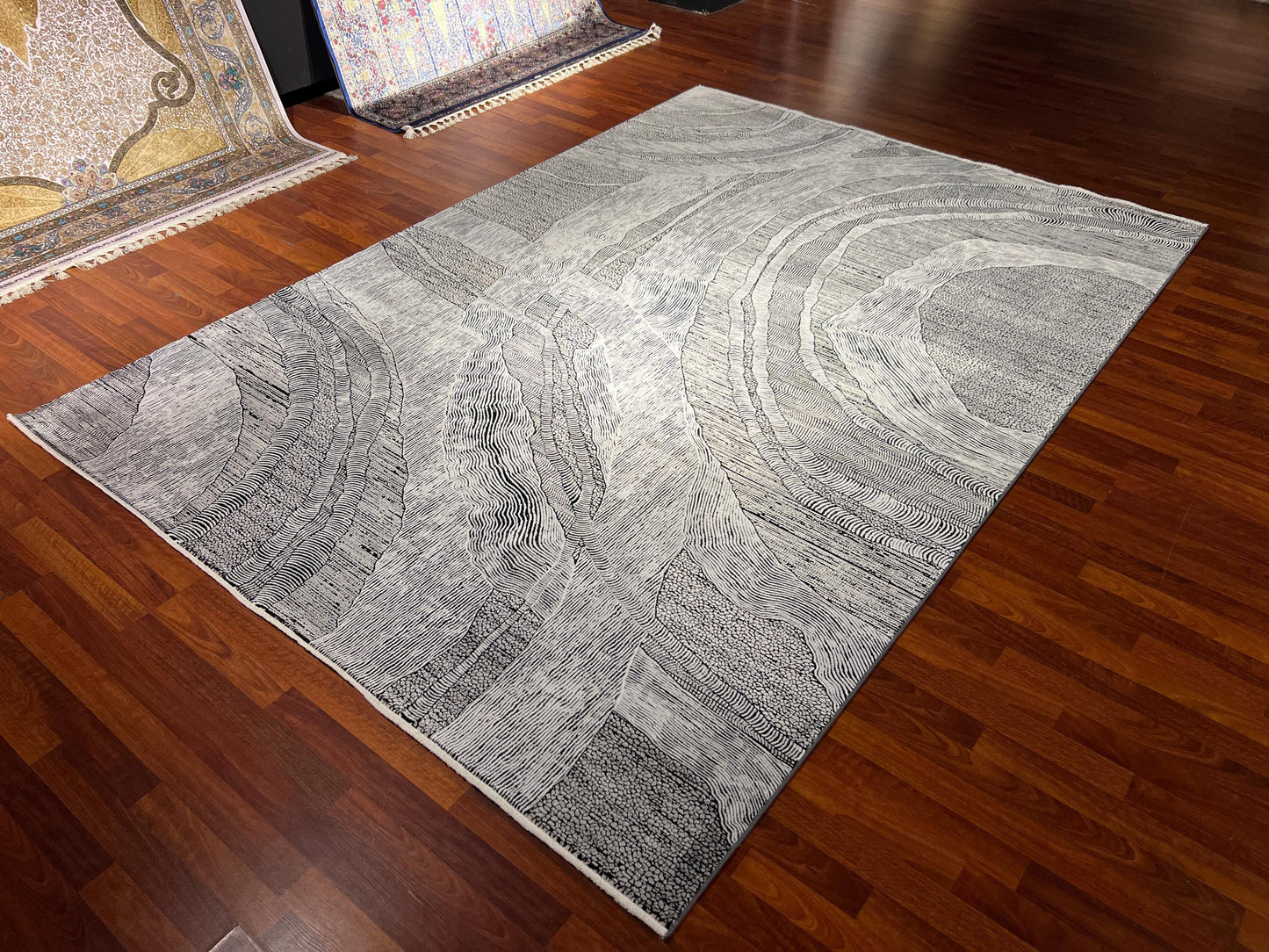 Gray Modern Rug 7x10, Abstract Living Room Rug, Bamboo Acrylic Carpet, Large Contemporary Rug