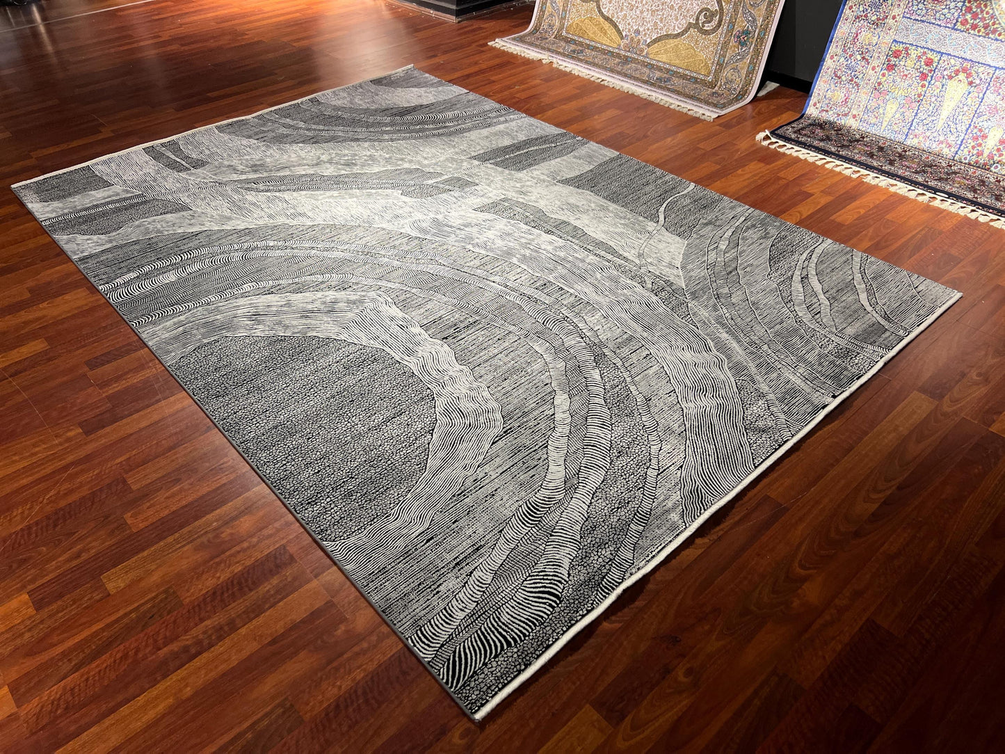 Gray Modern Rug 7x10, Abstract Living Room Rug, Bamboo Acrylic Carpet, Large Contemporary Rug