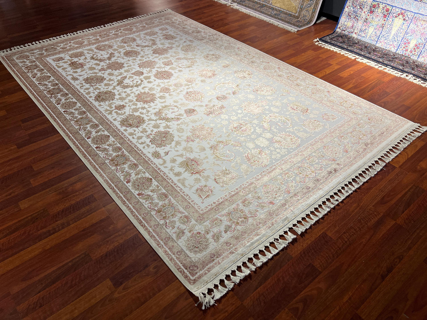 Cream Silk Rug 7x10, Luxury Living Room Rug, Turkish Silk Carpet, Large Area Rug, Classic Design