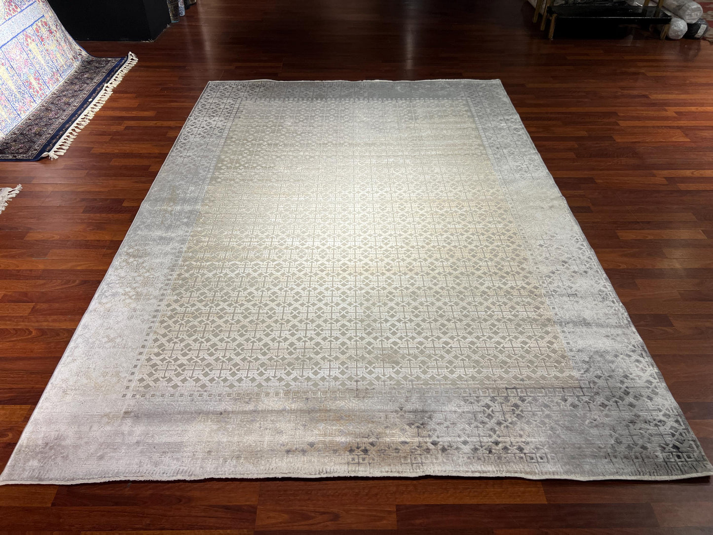 Beige Gray Rug 7x10, Modern Bamboo Carpet, Living Room Rug, Large Area Rug, Luxury Decor