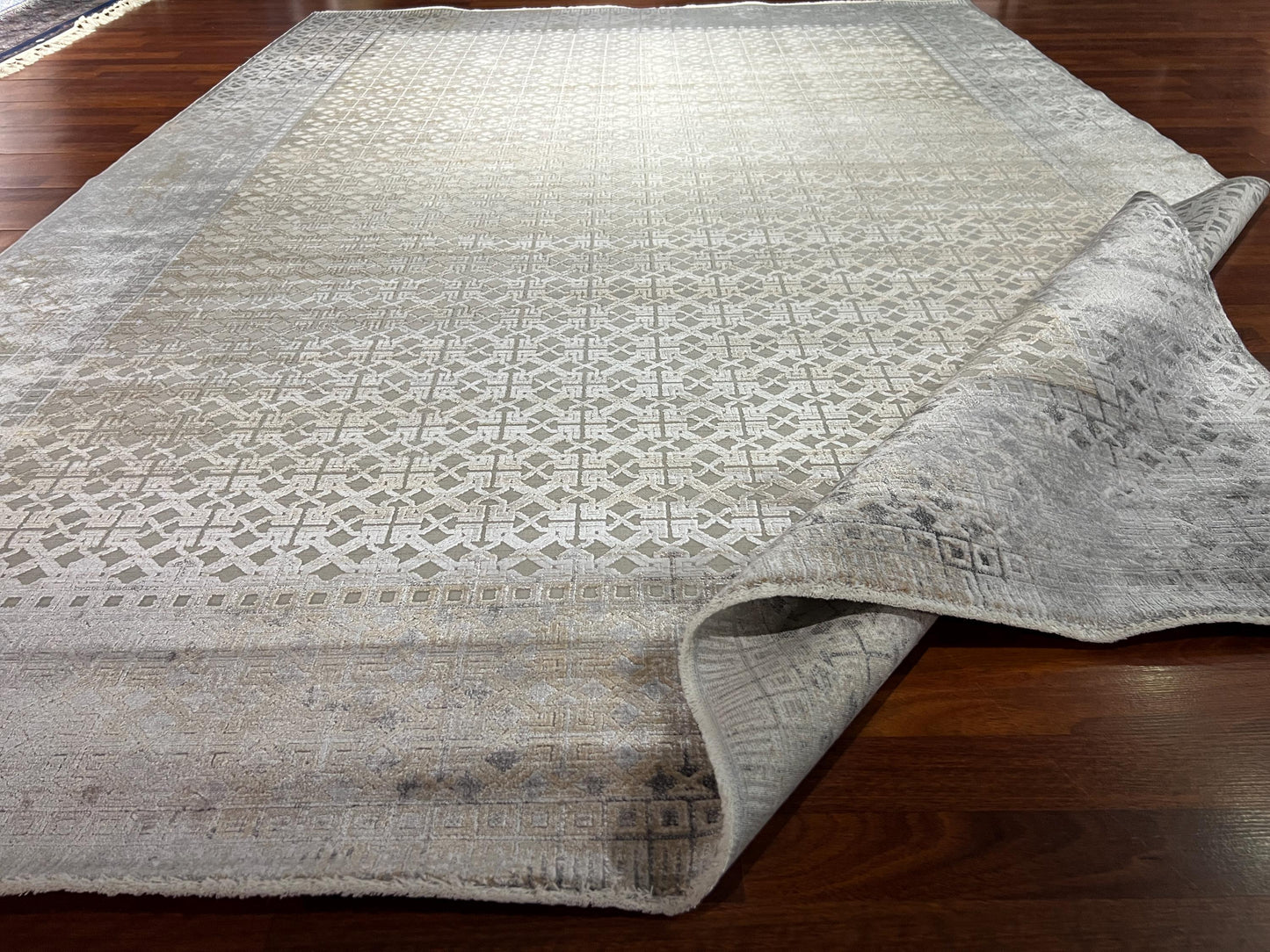 Beige Gray Rug 7x10, Modern Bamboo Carpet, Living Room Rug, Large Area Rug, Luxury Decor