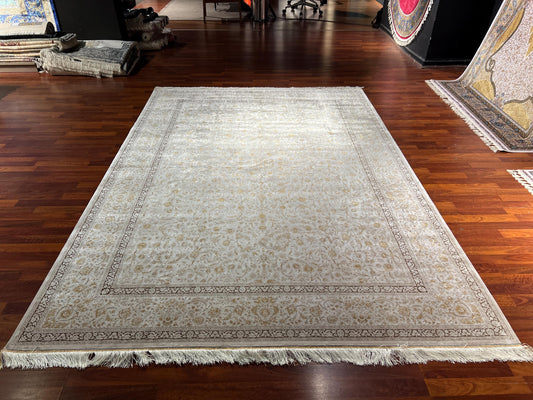 Beige Gold Silk Rug 7x10, Luxury Living Room Rug, Palace Silk Carpet, Turkish Silk Rug, Large Rug