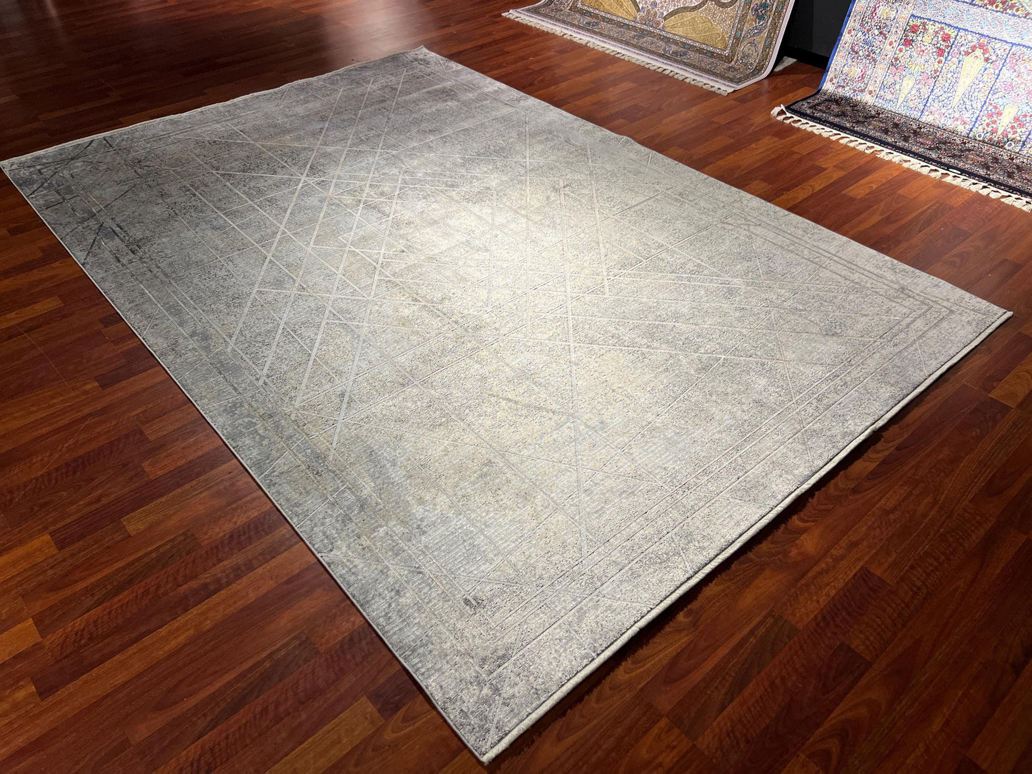 Gray Beige Bamboo Rug 7x10, Modern Living Room Rug, Luxury Area Rug, Large Carpet, Minimalist Rug