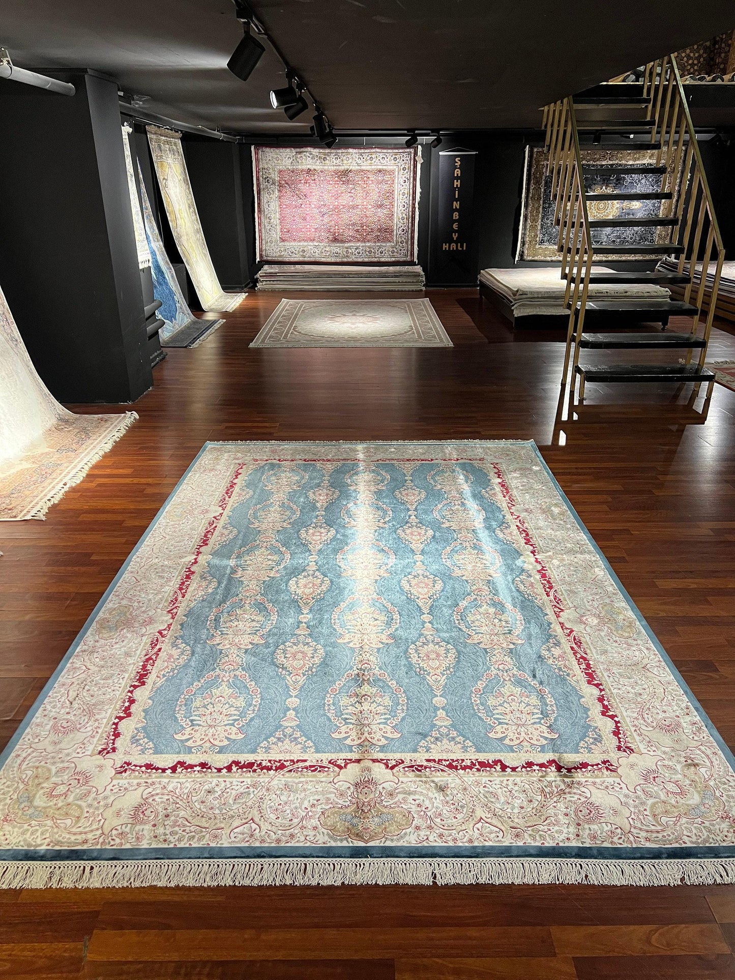 7x10 ft Blue Gold Silk Rug, Luxury Large Area Rug, Elegant Classic Pattern Rug, Living Room Decorative Carpet